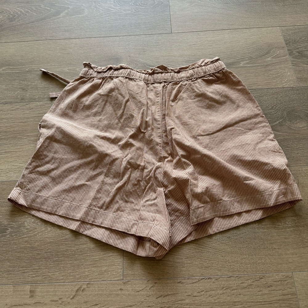 UNIQLO WOMENS PAPER BAG TIE WAIST COTTON LINEN BLEND STRIPE SHORTS LT ORANGE M - Picture 5 of 5